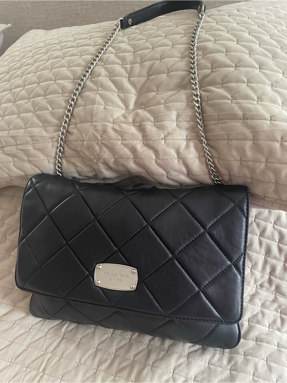Michael Kors Black Quilted Leather Shoulder Bag with Silver Chain
